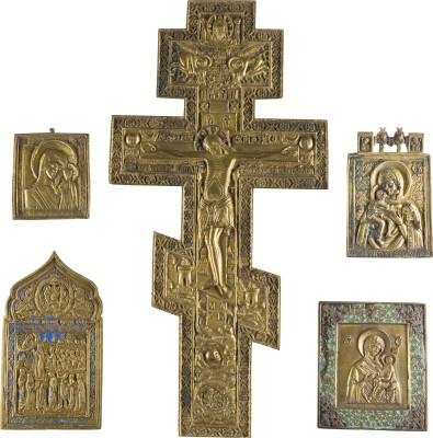 Bild SAMMLUNG VON FÜNF BRONZE-IKONEN: KRUZIFIX SOWIE DARSTELLUNGEN DER GOTTESMUTTER