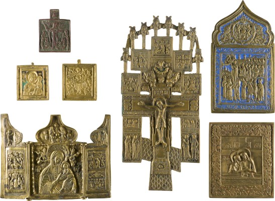 Bild SAMMLUNG VON SIEBEN BRONZE-IKONEN: KRUZIFIX, DARSTELLUNGEN DER GOTTESMUTTER SOWIE 'WEINE NICHT UM MICH, MUTTER'