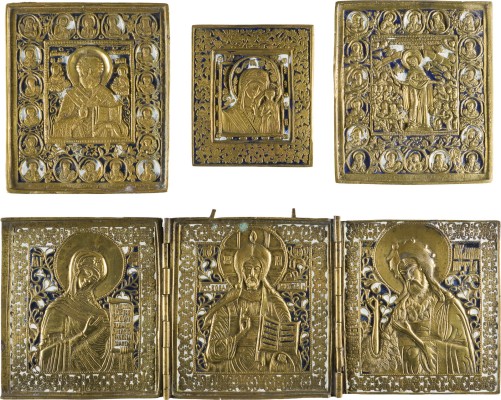 Bild SAMMLUNG VON VIER BRONZE-IKONEN: DARSTELLUNGEN DER GOTTESMUTTER, HEILIGER NIKOLAUS VON MYRA SOWIE EIN TRIPTYCHON MIT DEESIS