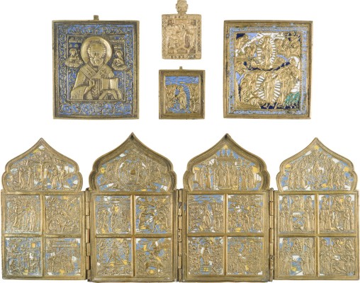 Picture SAMMLUNG VON FÜNF BRONZE-IKONEN: HÖLLENFAHRT UND AUFERSTEHUNG CHRISTI, HEILIGER NIKOLAUS VON MYRA SOWIE EIN TETRAPTYCHON