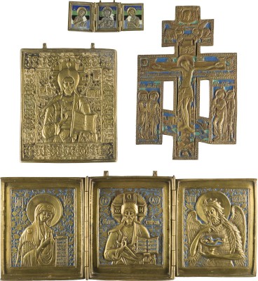 Bild SAMMLUNG VON VIER BRONZE-IKONEN: KRUZIFIX, CHRISTUS PANTOKRATOR SOWIE ZWEI TRIPTYCHA MIT DEESIS
