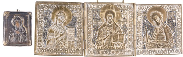 Bild TRIPTYCHON MIT DEESIS UND KLEINE IKONE MIT DER GOTTESMUTTER MIT SILBER-OKLAD
