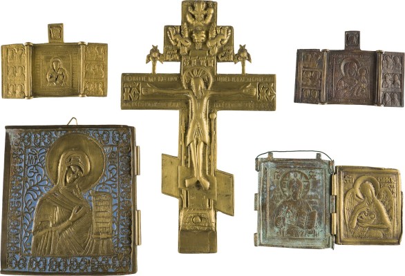 Auction 147<br>SAMMLUNG VON FÜNF BRONZE-IKONEN: KRUZIFIX, DARSTELLUNGEN CHRISTI UND DER GOTTESMUTTER SOWIE HEILIGER ANTIPAS