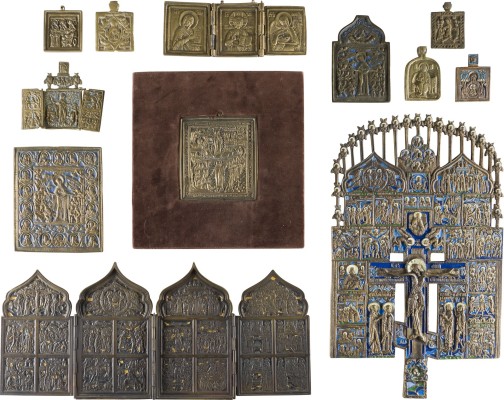 Bild SAMMLUNG VON ZWÖLF BRONZE-IKONEN: KRUZIFIX, DARSTELLUNGEN CHRISTI UND DER GOTTESMUTTER, FESTTAGE SOWIE AUSGEWÄHLTE HEILIGE