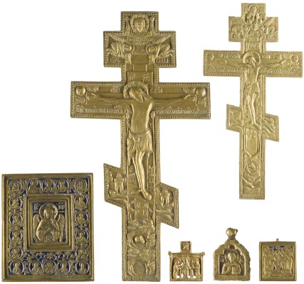 Bild SAMMLUNG VON SECHS BRONZE-IKONEN: KRUZIFIXE, DEESIS SOWIE CHRISTUS, DAS GÜTIGE SCHWEIGEN