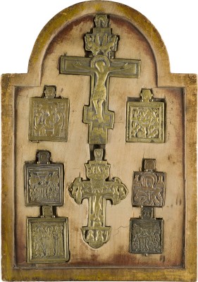 Picture SAMMLUNG VON ACHT BRONZE-IKONEN: KRUZIFIXE, 'FREUDE ALLER LEIDENDEN', AUSGEWÄHLTE HEILIGE SOWIE ALTTESTAMETLICHE DREIFALTIGKEIT