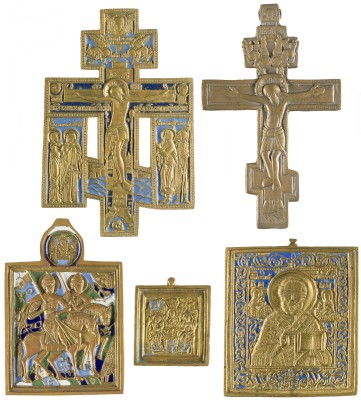 Picture SAMMLUNG VON FÜNF BRONZE-IKONEN: KRUZIFIXE, AUSGEWÄHLTE HEILIGE SOWIE ALTTESTAMENTLICHE DREIFALTIGKEIT