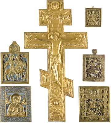 Bild SAMMLUNG VON SECHS BRONZE-IKONEN: KRUZIFIX, REITERHEILIGE SOWIE HEILIGER NIKOLAUS VON MYRA