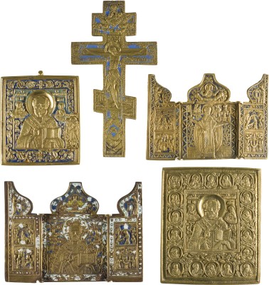 Picture SAMMLUNG VON FÜNF BRONZE-IKONEN: KRUZIFIX SOWIE HEILIGER NIKOLAUS