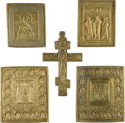 Picture SAMMLUNG VON FÜNF BRONZE-IKONEN: KRUZIFIX SOWIE AUSGEWÄHLTE HEILIGE
