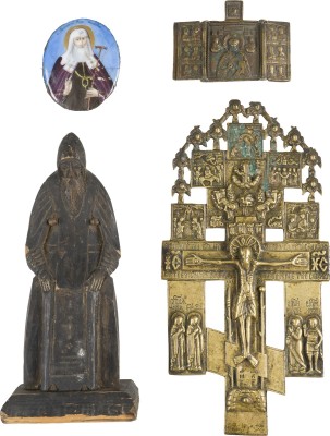 Picture 4-TEILIGES KONVOLUT: HEILIGER NIL STOLOBENSKIJ, FINIFT MIT DEM HEILIGEN HERMOGEN, PATRIARCH VON MOSKAU, HAUSKREUZ UND TRIPTYCHON MIT DEM HEILIGEN NIKOLAUS VON MYRA