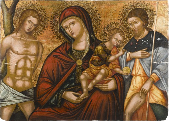 Auction 147<br>GROSSFORMATIGE IKONE MIT DER GOTTESMUTTER FLANKIERT VON DEN HEILIGEN SEBASTIAN UND ROCHUS
