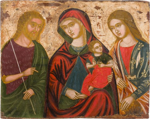 Auktion 147<br>GROSSE IKONE MIT DER MADRE DELLA CONSOLAZIONE FLANKIERT VON JOHANNES DEM VORLÄUFER UND DER HEILIGEN KATHARINA