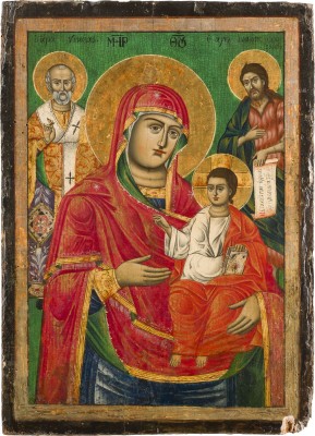 Bild IKONE MIT DER GOTTESMUTTER HODEGETRIA UND DEN HEILIGEN NIKOLAUS VON MYRA UND JOHANNES DEM VORLÄUFER