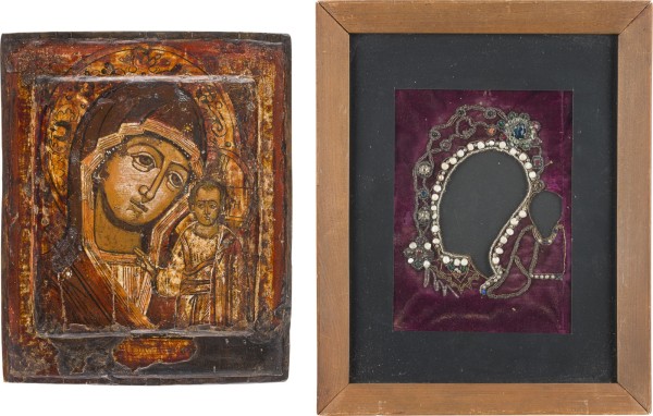 Auction 147<br>IKONE MIT DER GOTTESMUTTER VON KASAN (KASANSKAJA) MIT PERL-OKLAD