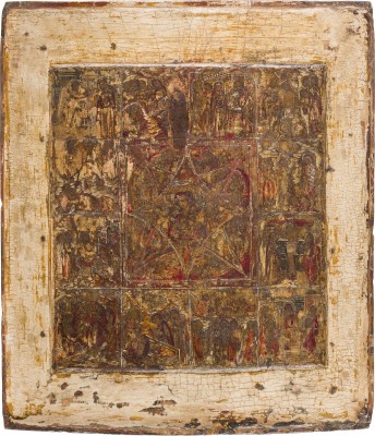 Auction 147<br>SELTENE IKONE MIT DER GOTTESMUTTER 'UNVERBRENNBARER DORNBUSCH' MIT ZWÖLF HOCHFESTEN DES ORTHODOXEN KIRCHENJAHRES