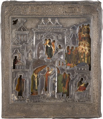 Auction 147<br>FEINE IKONE MIT DEM SCHLEIEWUNDER DER GOTTESMUTTER (POKROW) MIT SILBER-RIZA