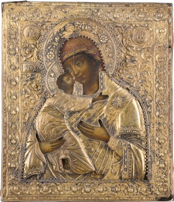 Auction 147<br>SEHR FEINE UND SEHR GROSSE IKONE MIT DER GOTTESMUTTER VON WLADIMIR (WLADIMIRSKAJA) MIT VERMEIL-OKLAD