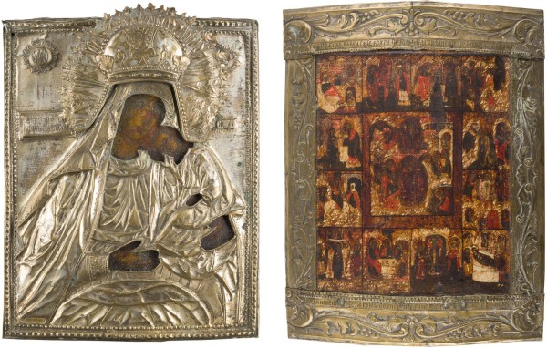 Auction 147<br>ZWEI IKONEN: GOTTESMUTTER 'LABSAL DER LEIDENDEN' MIT OKLAD UND FESTTAGS-IKONE