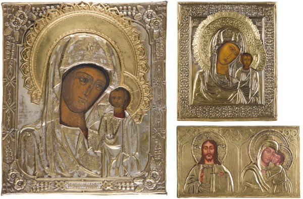 Auktion 147<br>DREI IKONEN MIT OKLAD: GNADENBILDER DER GOTTESMUTTER UND CHRISTUS PANTOKRATOR