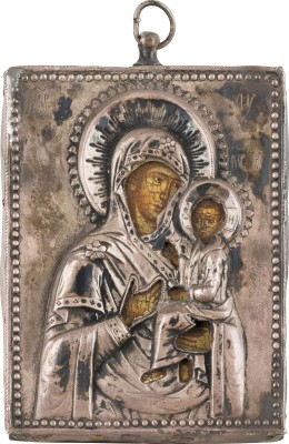 Auktion 147<br>MINIATUR-IKONE MIT DER GOTTESMUTTER VON TICHWIN (TICHWINSKAJA) MIT SILBER-OKLAD