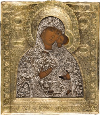 Auktion 147<br>IKONE MIT DER GOTTESMUTTER VON TOLGA (TOLGSKAJA) MIT FILIGRAN-OKLAD