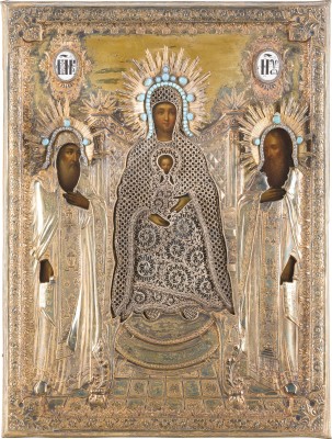 Auction 147<br>GROSSE UND SEHR FEINE IKONE MIT DER GOTTESMUTTER PETSCHERSKAJA (VOM KIEWER HÖHLENKLOSTER) MIT FILIGRANEM VERMEIL-OKLAD