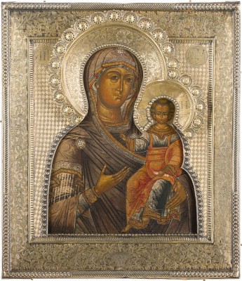 Auction 147<br>IKONE MIT DER GOTTESMUTTER VON SMOLENSK (SMOLENSKAJA) MIT VERMEIL-RIZA