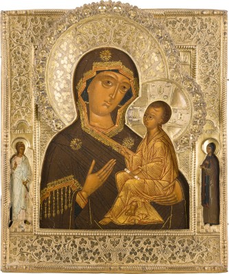 Auktion 147<br>FEINE IKONE MIT DER GOTTESMUTTER VON TICHWIN (TICHWINSKAJA) MIT RIZA