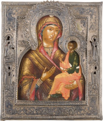 Auktion 147<br>KLEINE IKONE MIT DER GOTTESMUTTER GRUSINSKAJA MIT SILBER-RIZA