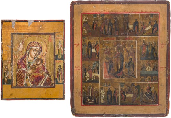 Auction 147<br>ZWEI IKONEN: KLEINE IKONE MIT DER GOTTESMUTTER 'O VSEPETAJA MATI' (OH DU VON ALLEN GEPRIESENE MUTTER) UND FESTTAGSIKONE