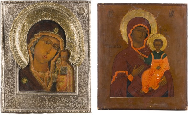 Auktion 147<br>ZWEI IKONEN: GOTTESMUTTER VON KASAN (KASANSKAJA) MIT RIZA UND GOTTESMUTTER VON SMOLENSK (SMOLENSKAJA)