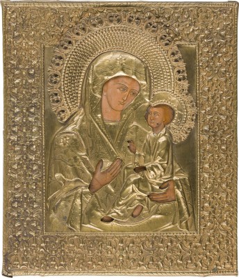 Auction 147<br>IKONE MIT DER GOTTESMUTTER VON TICHWIN (TICHWINSKAJA) MIT OKLAD