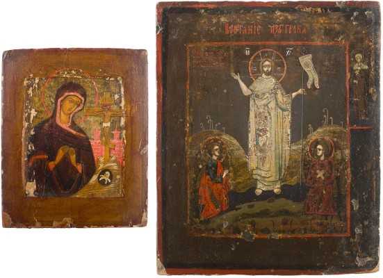 Auction 147<br>ZWEI KLEINE IKONEN: GOTTESMUTTER ACHTYRSKAJA UND AUFERSTEHUNG CHRISTI
