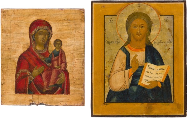 Auktion 147<br>ZWEI KLEINE IKONEN: CHRISTUS PANTOKRATOR UND GOTTESMUTTER VON SMOLENSK (SMOLENSKAJA)