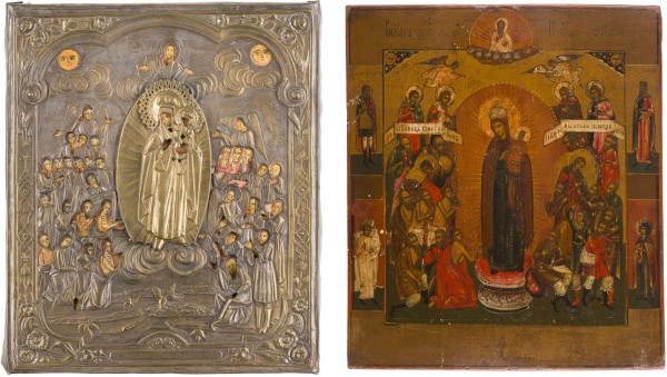Auction 147<br>IKONE MIT DER GOTTESMUTTER 'FREUDE ALLER LEIDENDEN' UND OKLAD