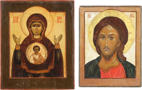 Auction 147<br>ZWEI IKONEN: GOTTESMUTTER DES ZEICHENS (ZNAMENIE) UND CHRISTUS 'DAS GRIMME AUGE'