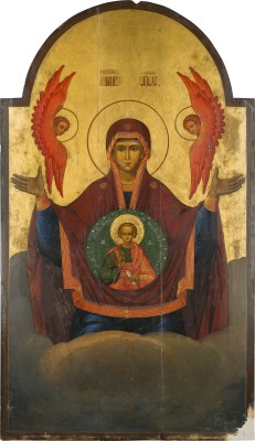 Auction 147<br>MONUMENTALE IKONE MIT DER GOTTESMUTTER DES ZEICHENS (ZNAMENIE) AUS EINER KIRCHEN-IKONOSTASE