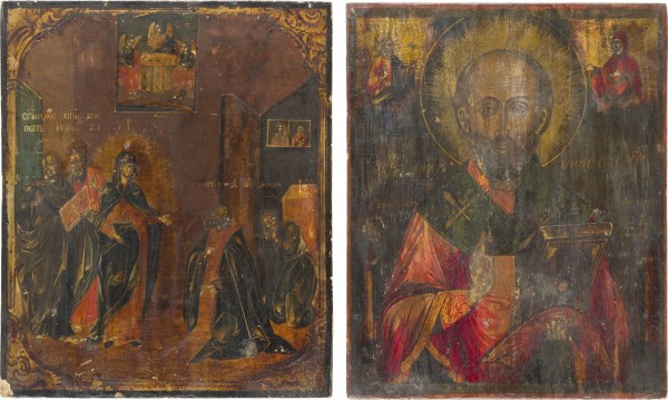Auction 147<br>ZWEI IKONEN: ERSCHEINEN DER GOTTESMUTTER VOR DEM HEILIGEN SERGEJ VON RADONESCH UND HEILIGER NIKOLAUS VON MYRA