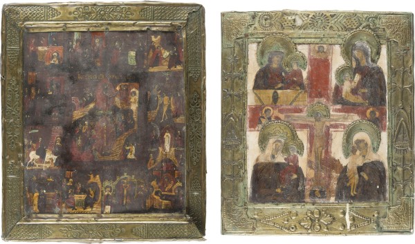 Auction 147<br>ZWEI IKONEN MIT BASMA: VIERFELDER-IKONE MIT GNADENBILDERN DER GOTTESMUTTER UND FESTTAGSIKONE