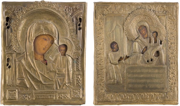 Auction 147<br>ZWEI IKONEN MIT OKLAD: GOTTESMUTTER VON KASAN (KASANSKAJA) UND GOTTESMUTTER 'UNERWARTETE FREUDE'