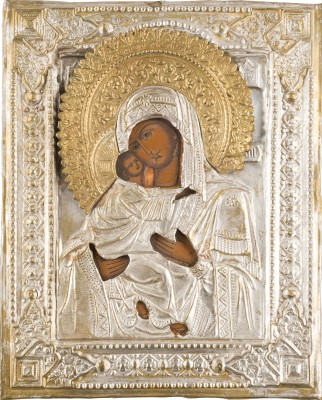 Auction 147<br>KLEINE IKONE MIT DER GOTTESMUTTER VON WLADIMIR (WLADIMIRSKAJA) MIT OKLAD