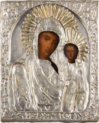 Auction 147<br>KLEINE IKONE MIT DER GOTTESMUTTER VON KASAN (KASANSKAJA) MIT OKLAD