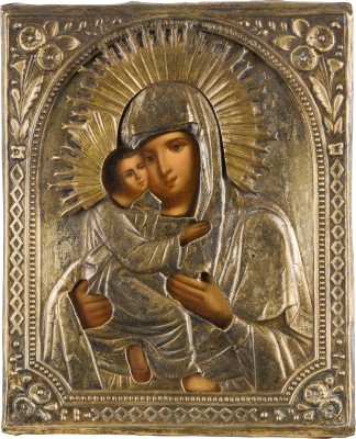 Auction 147<br>IKONE MIT DER GOTTESMUTTER VON WLADIMIR (WLADIMIRSKAJA) MIT OKLAD