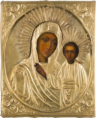 Auktion 147<br>KLEINE IKONE MIT DER GOTTESMUTTER VON KASAN (KASANSKAJA) MIT OKLAD