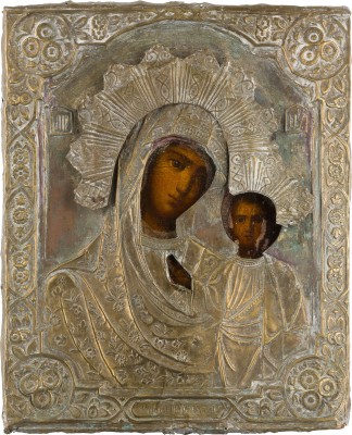 Auction 147<br>KLEINE IKONE MIT DER GOTTESMUTTER VON KASAN (KASANSKAJA) MIT OKLAD