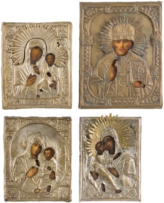 Bild VIER KLEINE IKONEN MIT OKLAD: HEILIGER NIKOLAUS VON MYRA UND GNADENBILDER DER GOTTESMUTTER