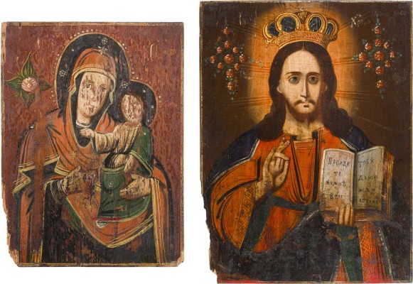 Auction 147<br>ZWEI IKONEN: CHRISTUS PANTOKRATOR UND DIE GOTTESMUTTER 'IWERSKAJA'