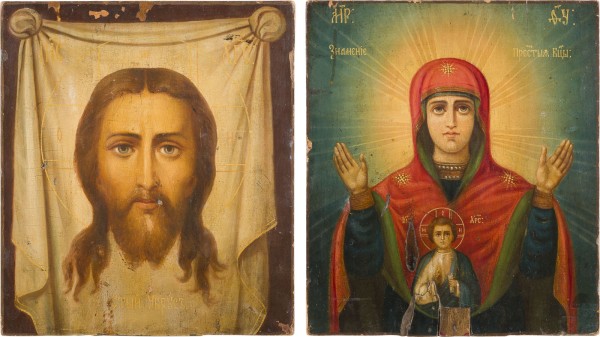 Auktion 147<br>GROSSE PROZESSIONS-IKONE MIT DER GOTTESMUTTER DES ZEICHENS (ZNAMENIE) UND DEM MANDYLION