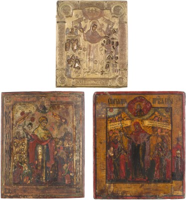 Auction 147<br>DREI KLEINFORMATIGE IKONEN: GOTTESMUTTER 'FREUDE ALLER LEIDENDEN'